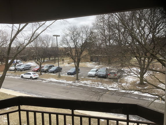 View of an outdoor parking area from a building, containing multiple parked cars and surrounded by leafless trees.