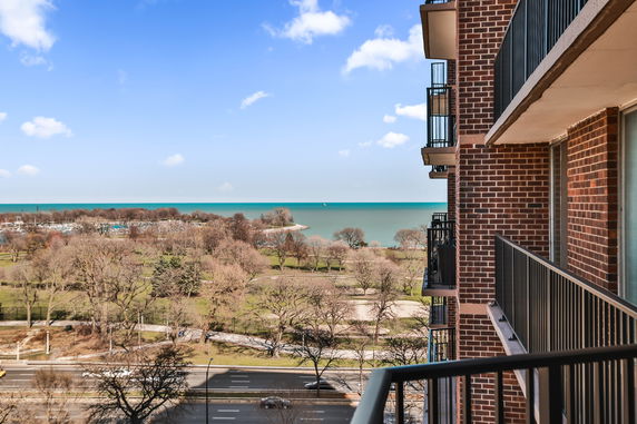 View from a building balcony overlooking a park and water body.