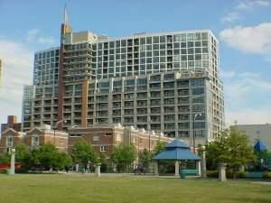 Front view of a multi-story building with a modern design.