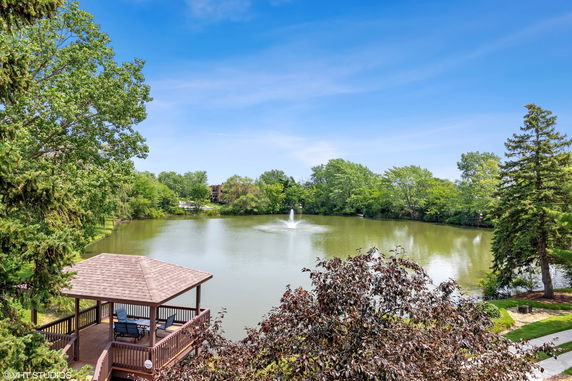 Panoramic view of a lake with a fountain surrounded by trees and a gazebo in the foreground.