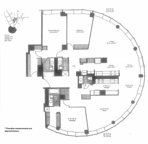 Floor plan of a multi-bedroom apartment with designated areas for living, dining, kitchen, and bathrooms.