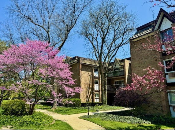 Front view of a brick apartment building with balconies and dormer windows.