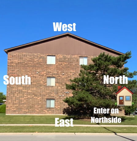 Front view of a brick building with labeled directions.