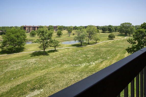 Panoramic view of grassy fields and trees, with distant buildings visible.