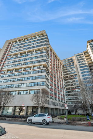 Front view of a multi-story apartment building.