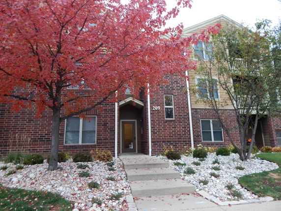 Front view of a brick apartment building with autumn foliage.