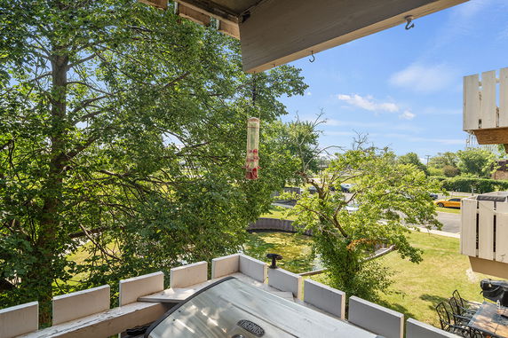 View of surrounding areas from a balcony with trees and a street.