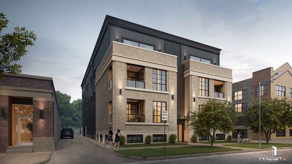 Front view of a modern three-story residential building with large windows and balconies.