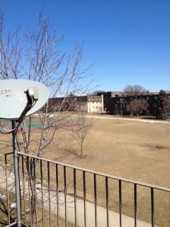 View of open grassy area with distant buildings, seen from a balcony with a satellite dish.