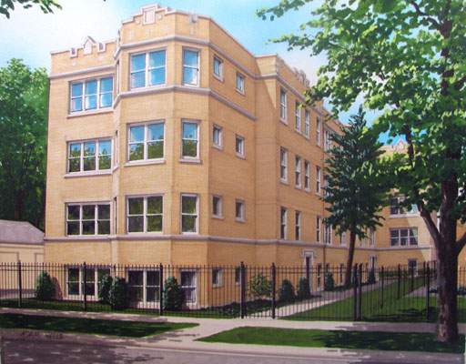 Front view of a multi-story apartment building with multiple windows and a fenced yard.