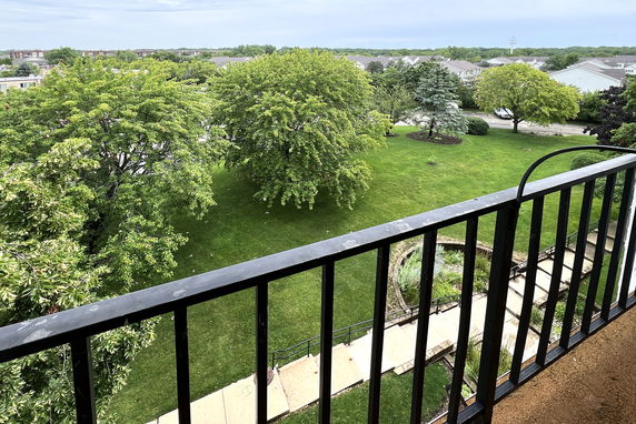 Panoramic view of green trees and grass from a balcony.