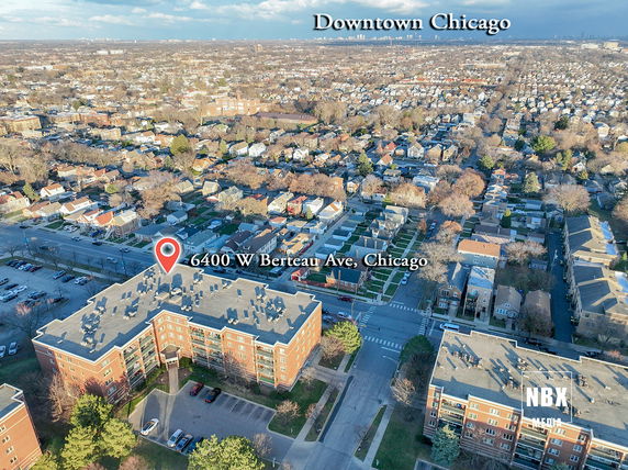 Aerial view of a residential building area with surrounding neighborhood in Chicago.