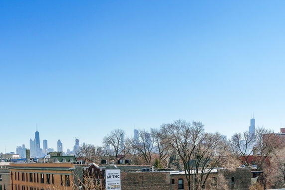 Panoramic view of a city skyline with visible trees and rooftops in the foreground.
