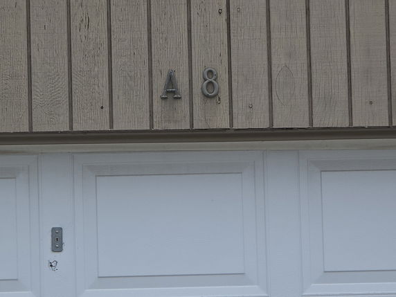 Partial view of a garage door with wood paneling above.