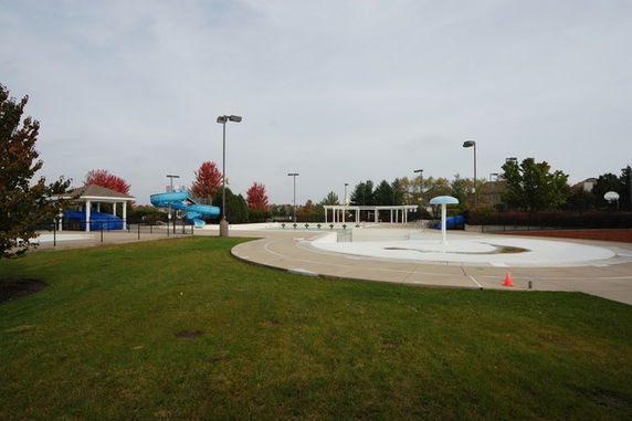 Outdoor swimming pool area with slides and green surrounding.
