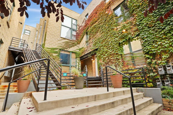 Front view of a building with ivy-covered walls and metal staircases.