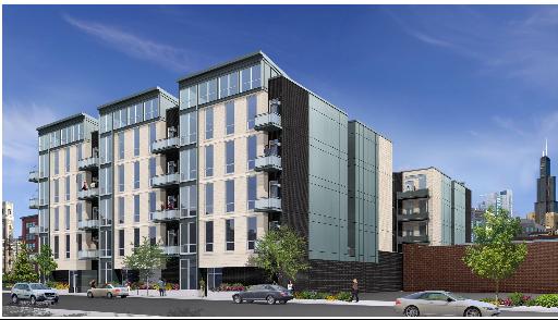 Front view of a modern multi-story apartment building with balconies.