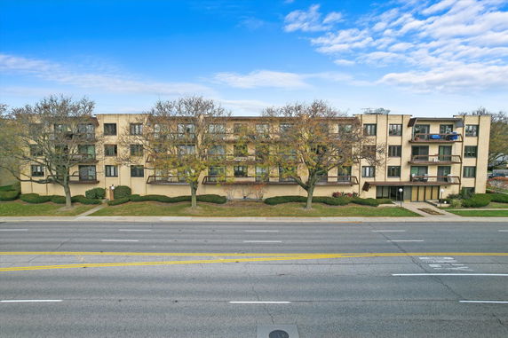 Front view of a multi-story apartment building