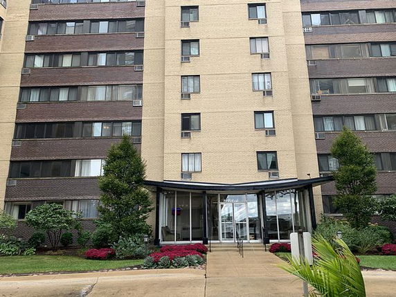 Front view of a multi-story apartment building