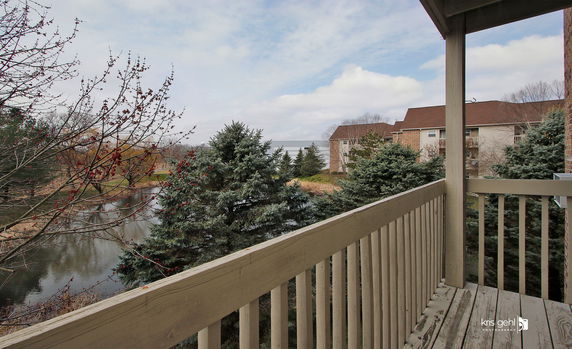 Panoramic view from a balcony overlooking a wooded area and water body.