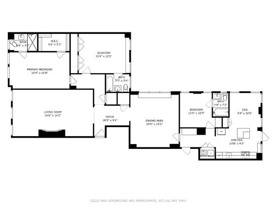 Floor plan of a house showing a living room, primary bedroom, additional bedroom, foyer, dining area, den, kitchen, and multiple bathrooms.