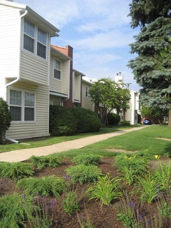 Front view of townhouses with multiple windows and siding.