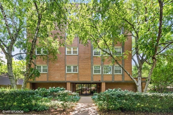 Front view of a brick multi-story building with large trees and a pathway leading to the entrance.