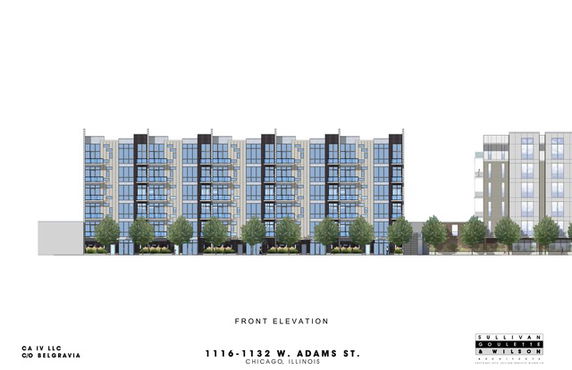 Front elevation view of a multi-story residential building.