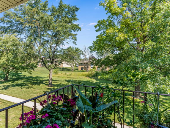 View of surrounding area with trees and open grassy space seen from a balcony.