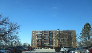 Front view of a multi-story apartment building