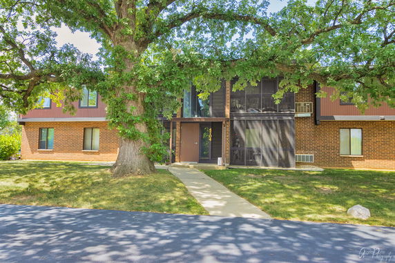 Front view of a two-story brick building with a central entrance and large tree in front.