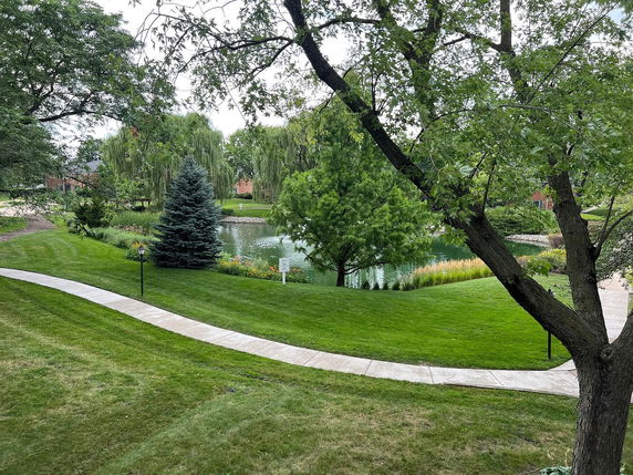 Panoramic view of a park-like area with a pond, trees, and a footpath.
