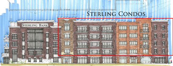 Front view of multi-story condominium building.