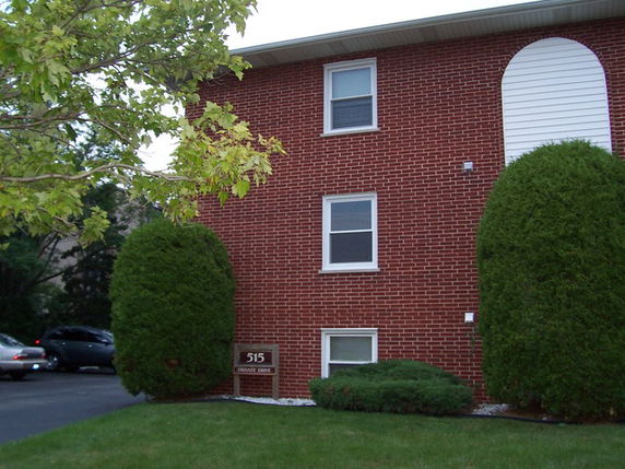 Front view of a brick building with three windows and shrubs.