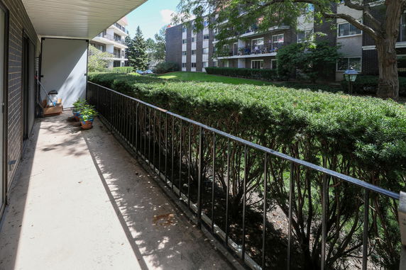 View of apartment buildings from a balcony with hedge and trees.