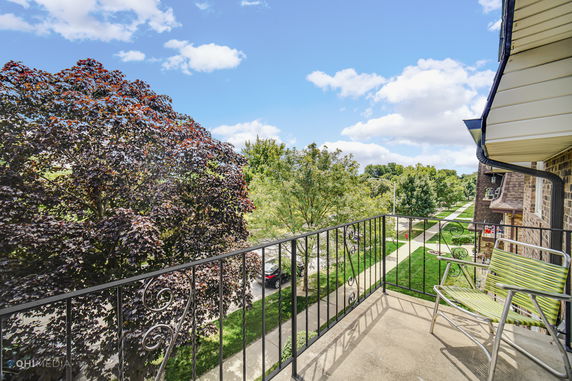 View from a balcony showing trees and a street.