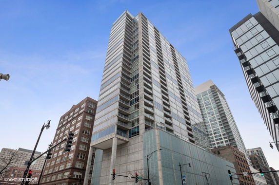 Front view of a modern high-rise building.