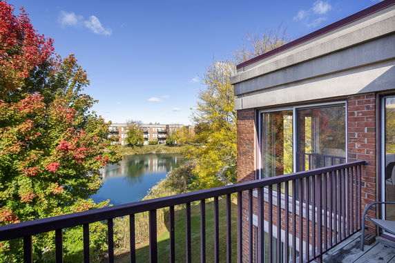 Balcony view overlooking a pond with trees and apartment buildings in the distance.