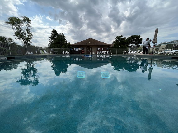Outdoor swimming pool with lounge chairs and a small building nearby.