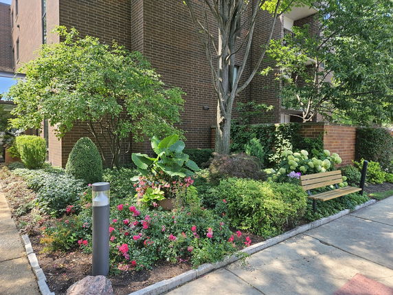 Front view of a building with brick facade, surrounded by lush garden and a bench in front.