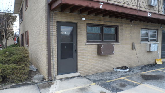 Front view of a two-story brick building
