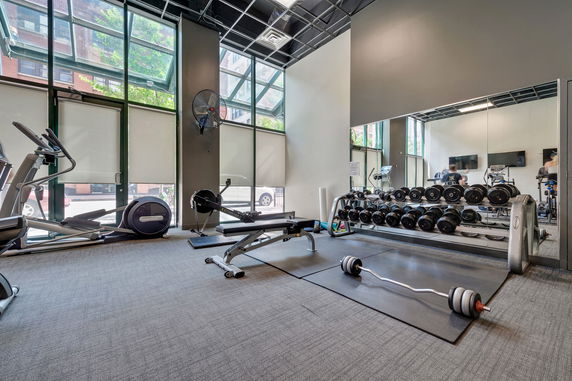 Indoor gym area with exercise equipment, weights, and large windows.
