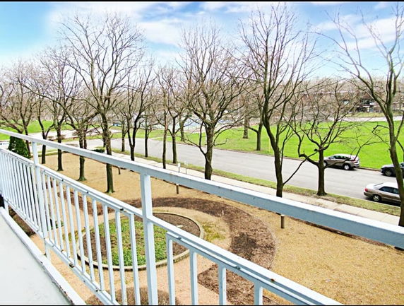 View from a balcony overlooking a road lined with leafless trees and a grassy area.