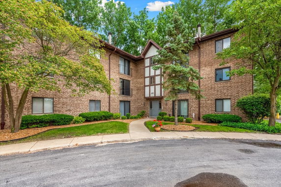 Front view of a multi-story brick apartment building with trees and shrubs in the foreground.