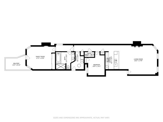 Floor plan showing layout of rooms, including a family room, balcony, bedroom, kitchen, living room, and bathrooms.