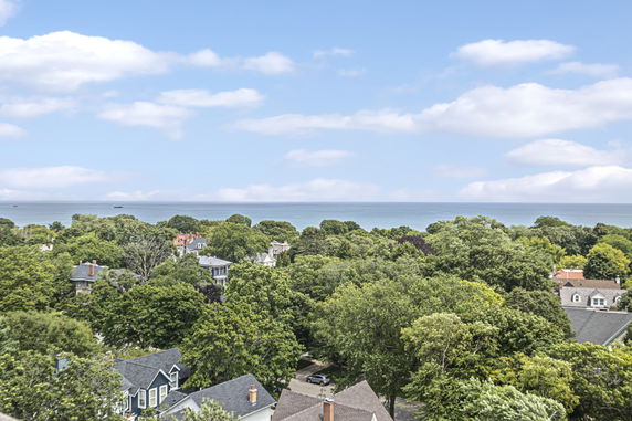 Wide view of houses and trees with a distant view of the sea under a blue sky.