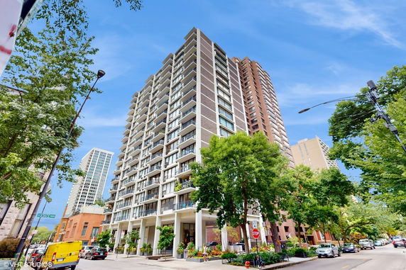 Front view of a multi-story apartment building.