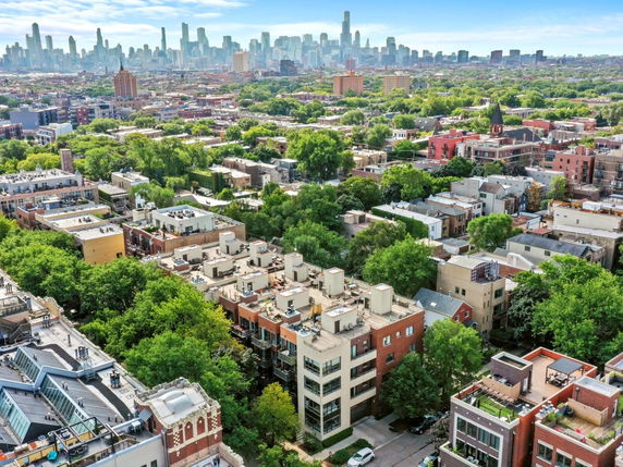 Aerial view of a residential neighborhood with greenery and city skyline in the background.