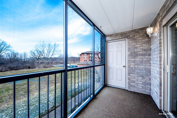View of surrounding area from a screened balcony with brick walls and a door.