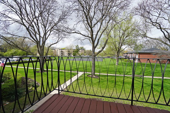 View of a grassy area with trees and a fence, seen from a building balcony.